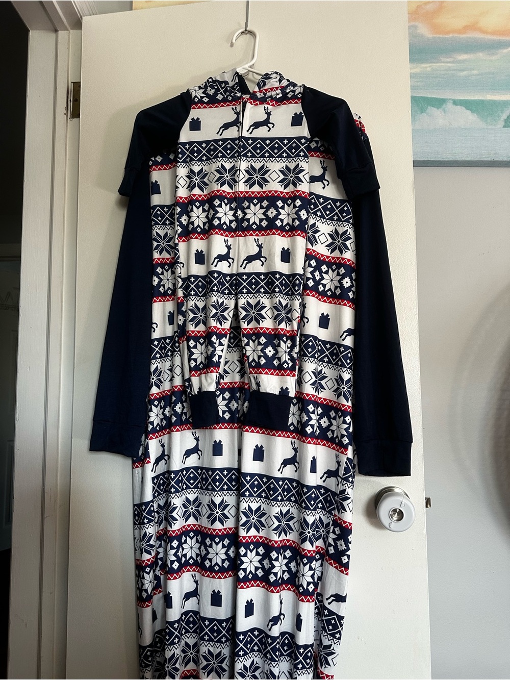 Holiday Reindeer Print Hooded Onesie - Navy & White with Red DAD XL & baby 12-24